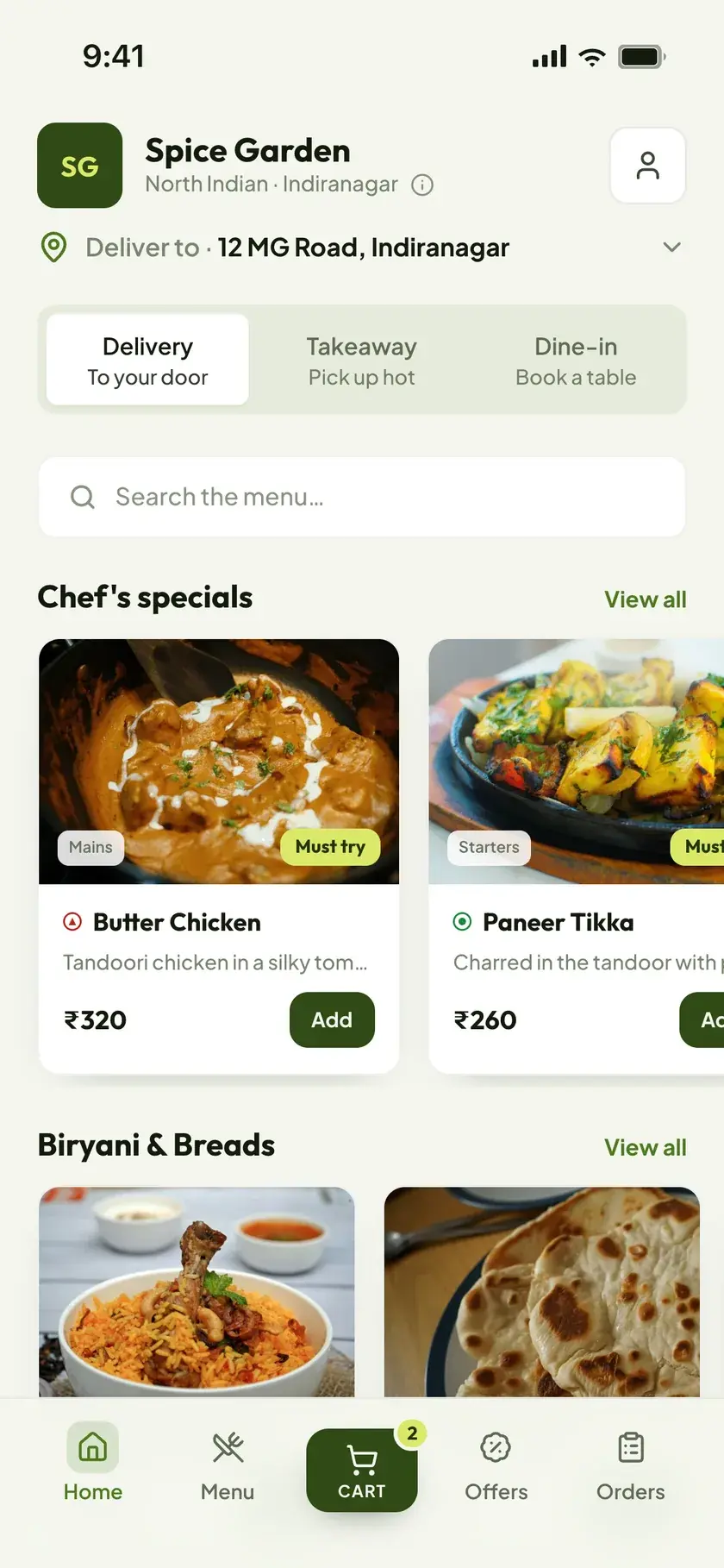 A restaurant's menu on its Menuthere storefront: Chef's specials, biryani and breads, with prices