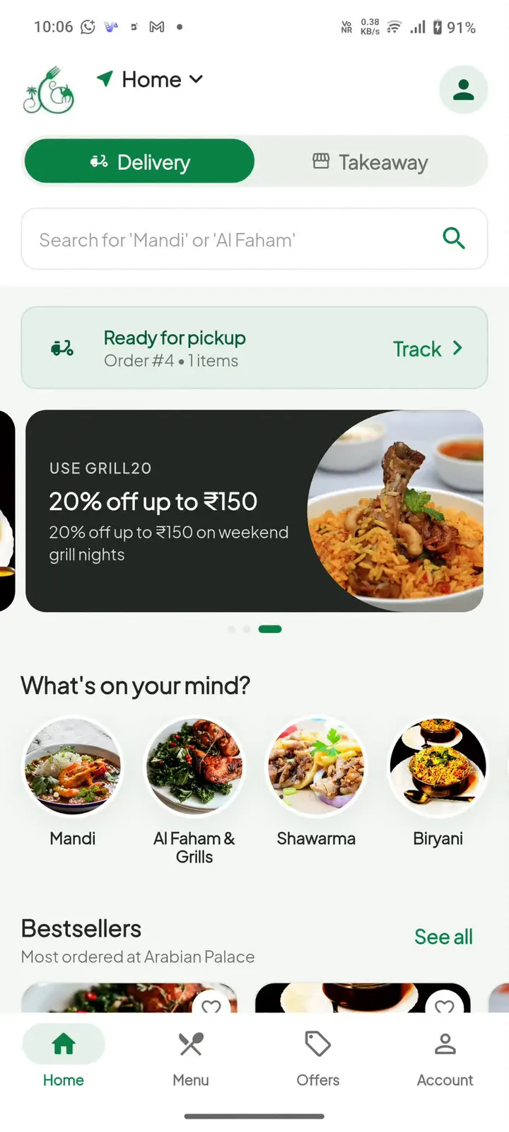 Home screen of Arabian Palace's app: delivery or takeaway, menu search, a coupon banner and dish categories