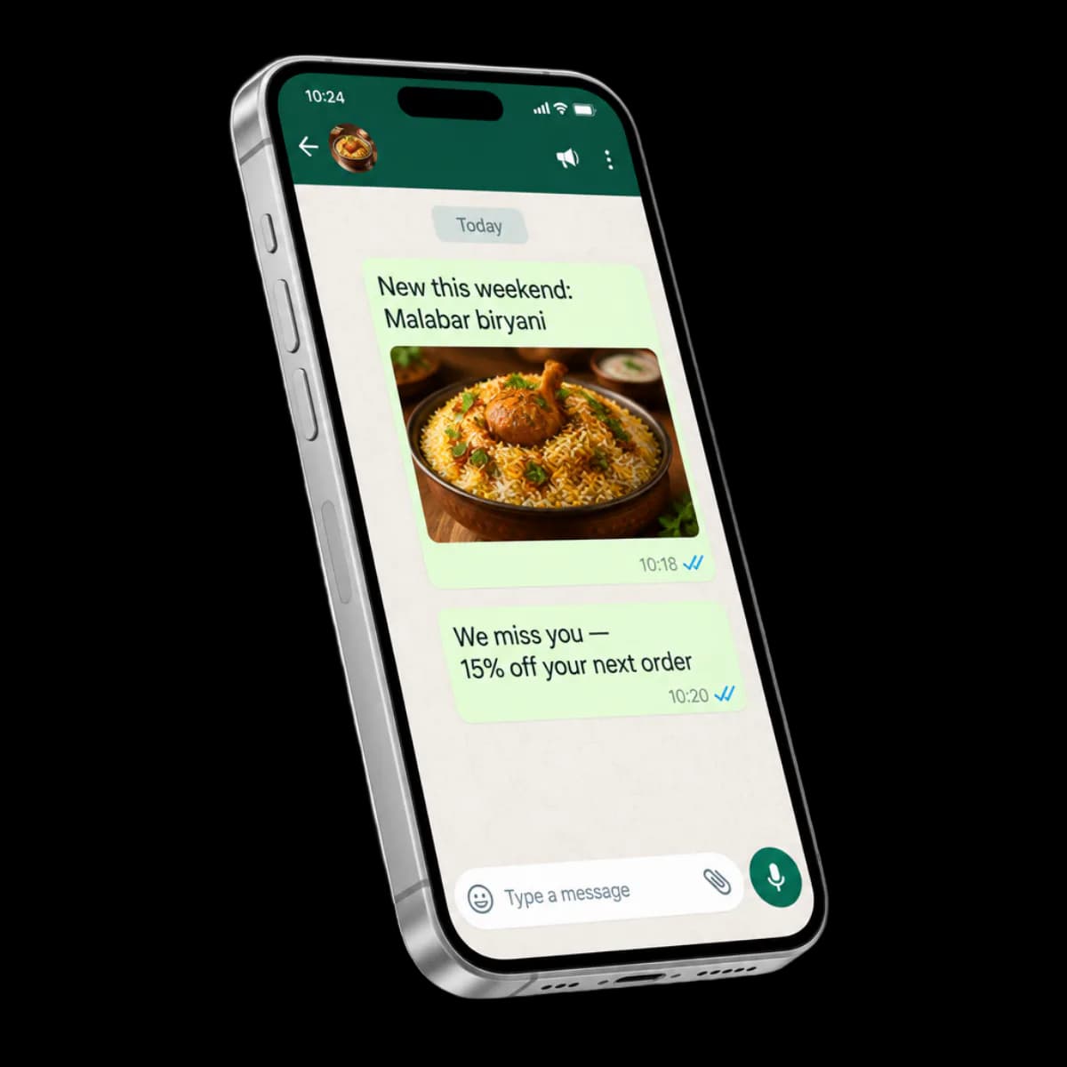 A WhatsApp message from the restaurant: 20 percent off this weekend with an Order now button.